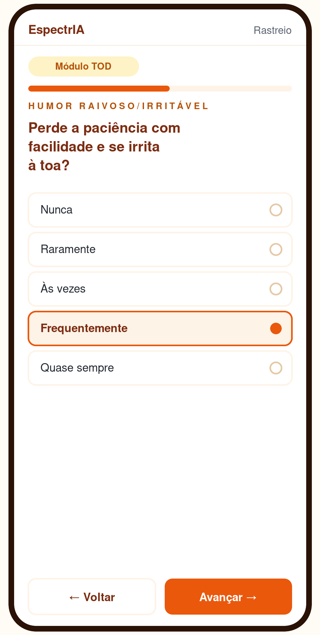 Paciente respondendo o rastreio de TOD no celular